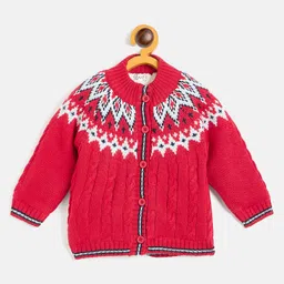 JWAAQ Cotton Knit Full Sleeves Abstract Designed Fur Line Detailed Sweater - Red-picture-41