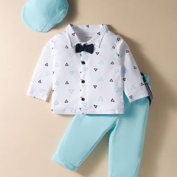 BUMZEE Cotton Knit Full Sleeves Triangle Printed Shirt & Pant Set With Suspender Cap - Aqua Blue & White-picture-15