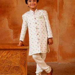 AJ Dezines Jacquard Woven Full Sleeves Ethnic Embroidered Sequins Embellished Sherwani & Pant Set - White-picture-25