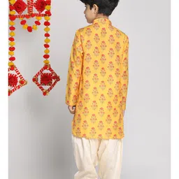 Vastramay Silk Full Sleeves Floral Printed Kurta & Patiala Set - Mustard Yellow & Cream image 3