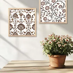WALLLANE Brown & White 2 Pieces Floral Printed Wooden Wall Art-picture-26