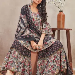 SZN Floral Printed Round Neck Tiered Kurta With Sharara & Dupatta-picture-15