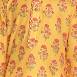 Vastramay Silk Full Sleeves Floral Printed Kurta & Patiala Set - Mustard Yellow & Cream image 5