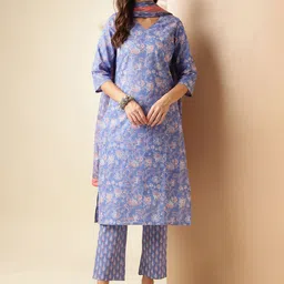 Anouk Blue and Rust Floral Printed Pure Cotton Straight Kurta with Trouser & Dupatta-image-6