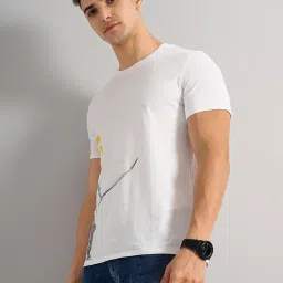 celio celio* White Regular Fit Printed Cotton Crew T-Shirt image 3