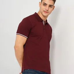 celio celio* Maroon Regular Fit Textured Cotton Polo T-Shirt image 3