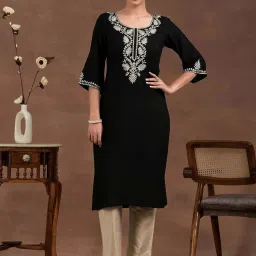 Libas Black Viscose Rayon Embroidered Straight Kurta image 1