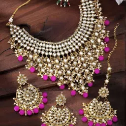 Peora Traditional Kundan & Pearl Drop Pink Choker Earrings & Maang Tikka Set image 1