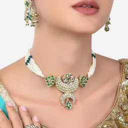 Zaveri Pearls Green Kundan & Pearls Choker Necklace Earring & Ring Set-ZPFK14434 image 1