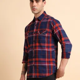 Dennis Lingo Red & Navy Cotton Slim Fit Checks Shirt image 3