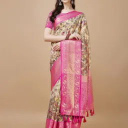 JUST FASHION Beige & Pink Silk Printed Saree With Unstitched Blouse image 1