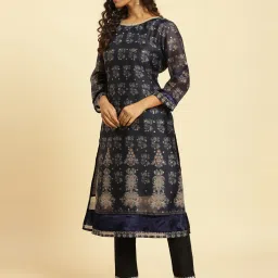 W Navy Printed Straight Kurta image 3
