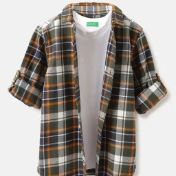 United Colors of Benetton Green Pure Cotton Regular Checkered Shirts image 1