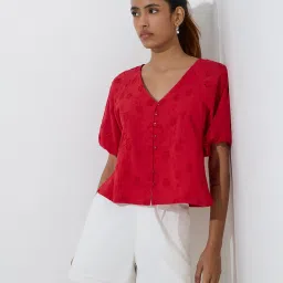 LOV by Westside Red Schiffli Design Cotton Top image 1