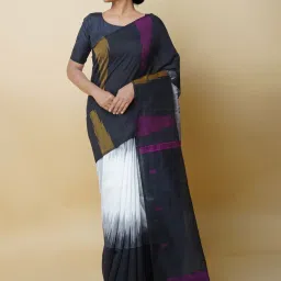 Unnati Silks Black & White Linen Woven Saree With Unstitched Blouse image 1