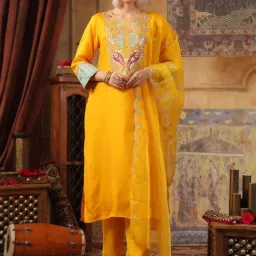 SCAKHI QALA Mustard Dupion Silk Dori Work Suit Set image 1