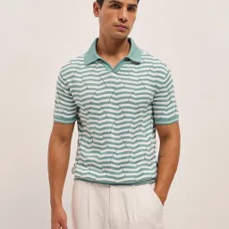 The Bear House Green Cotton Relaxed Fit Self Design Polo T-Shirt image 1