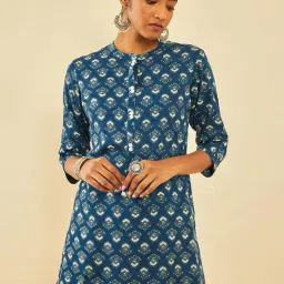Soch Blue Rayon Floral Printed Tunic With Faux Mirror image 1