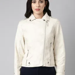 showoffff SHOWOFF Beige Regular Fit Biker Jacket image 1