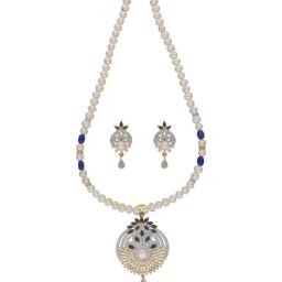 Sri Jagdamba Pearls Dakshita Blue & White Pearl CZ Necklace Set-picture-19