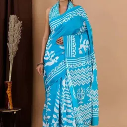 Satrani Blue Cotton Printed Saree With Unstitched Blouse image 1