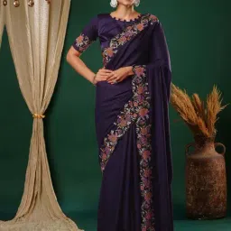 Satrani Deep Purple Embroidered Saree With Unstitched Blouse-image-19