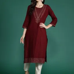 Indo Era Maroon Printed Straight Kurta image 1