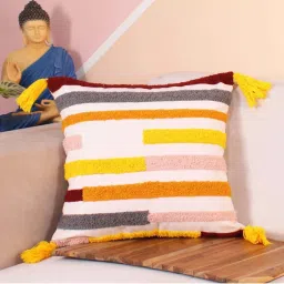 STITCHNEST Multicolor Polycotton Hand Crafted Embroidered Bohemian Multiline Cushion Cover image 1