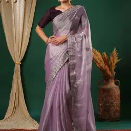 Satrani Purple Embroidered Saree With Unstitched Blouse-image-5
