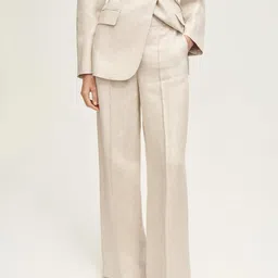 MANGO Women Pleated Mid-Rise Pure Linen Wide Leg Flared Trousers-image-80