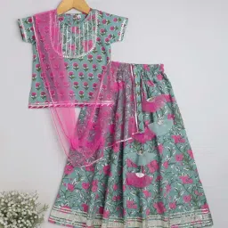 The Magic Wand Kids Blue & Pink Cotton Floral Print Lehenga Cholis image 1