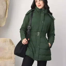 Globus Women Green Mock Neck Belted Winter Wear Insulator Puffer Jacket With Detachable Hood-picture-20