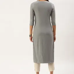 showoffff SHOWOFF Grey Cotton Embellished Calf Length Straight Kurta image 3
