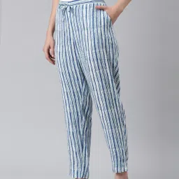 showoffff SHOWOFF White & Blue Cotton Striped Mid Rise Trousers image 3