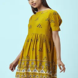 People by Pantaloons Mustard Printed A-Line Dress image 3