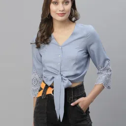 KASSUALLY Blue & White Cotton Self Design Crop Shirt image 1