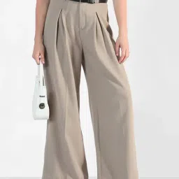 SHOWOFFFF Beige Relaxed Fit Trousers With Belt image 4