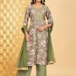 Rangmanch by Pantaloons Sage Green Floral Print Kurta Palazzo Set With Dupatta-image-32