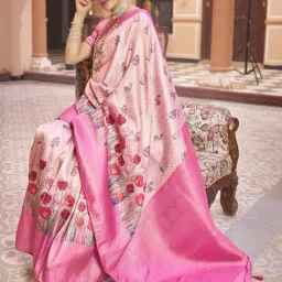 FABMORA Pink Silk Floral Print Saree With Unstitched Blouse image 4