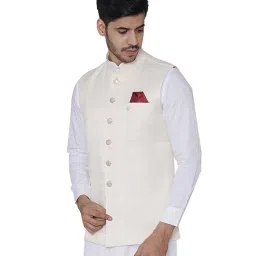 Manyavar Cream Self Design Ethnic Waistcoat image 3