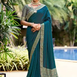 Saree Mall Teal Blue Woven Saree With Unstitched Blouse-picture-30