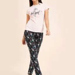 Sweet Dreams Pink & Black Cotton Printed T-Shirt Pyjamas Set-image-76
