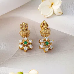 Rubans 22K Gold-Plated Temple Jewellery Set with Lakshmi Motif & Green CZ Floral Accents image 3