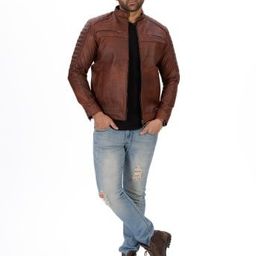 Everestwolf Men Checked Leather Leather Jacket-picture-1