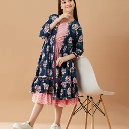 Pspeaches Sleeveless Leheriya Design Dress With Full Sleeves Floral Printed Long Shrug - Blue-picture-30