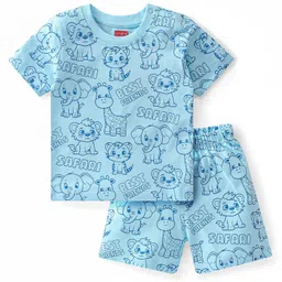Babyhug Cotton Knit Half Sleeves Night Suit With Text & Tiger Print - Blue-picture-26