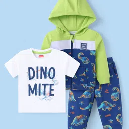 Babyhug Terry Knit Full Sleeves Text & Dino Printed Hooded Sweatjacket & Lounge Pant Set with T-Shirt - Navy Blue & Green-picture-17