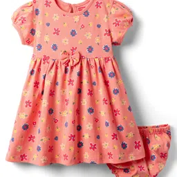Babyhug Single Jersey Knit Half Sleeves Floral Printed Frock with Bloomer & Bow Applique - Orange-picture-12