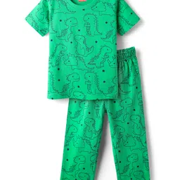 Babyhug Cotton Knit Half Sleeves Co-Ord Night Suit with Dino Print - Light Green-picture-21