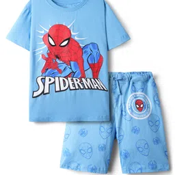 Pine Kids Marvel Single Jersey Knit Half Drop Shoulder Sleeves Oversized Shorts Night Suit with Spiderman Graphics - Light Blue-picture-23